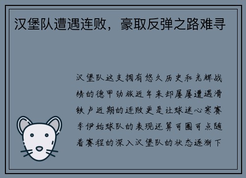 汉堡队遭遇连败，豪取反弹之路难寻