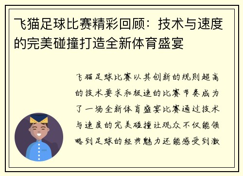 飞猫足球比赛精彩回顾：技术与速度的完美碰撞打造全新体育盛宴