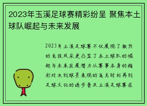 2023年玉溪足球赛精彩纷呈 聚焦本土球队崛起与未来发展