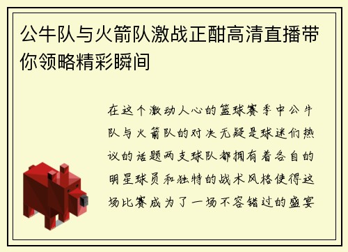 公牛队与火箭队激战正酣高清直播带你领略精彩瞬间